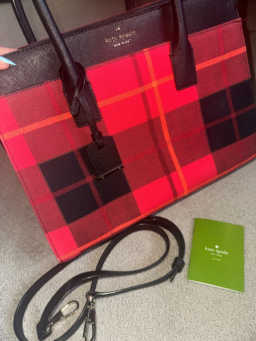 Classic Bag! Kate Spade Red & Black Plaid Satchel w/ strap - Picture 2 of 4